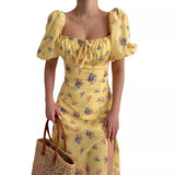 Women's Clothing 2026 Summer Bubble Sleeves Slim Sexy Thin Side Open-Print Dress