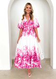 New Spring And Summer Bubble Sleeve V-Neck Women's Slings Print Fairy Gas In The Long Temperament Swing Dress Dress