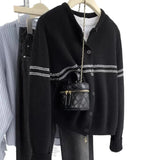 Toloer Striped Wool Knitted Cardigan Women's Autumn Coat 2025 New Spliced Sweater Jacket Bottom Shirt
