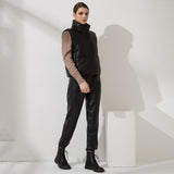 Wixra Women New Fashion Solid Warm Vest Zipper PU Sleeveless Back Lace Up Coat Loose Outwear Autumn Winter