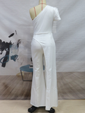 Patchwork Jumpsuits For Women Diagonal Collar Off One Shoulder High Waist Tunic Wide Leg Pants Solid Jummpsuit