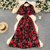 Summer Dress New Female High-End Feel Strapped Belt V Collar Horn Sleeves Thin Temperament Print Chiffon