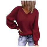 Toloer And Winter New Large Size Loose Sweater V-Neck Pure Color Pullover Sweater Female-Outfit