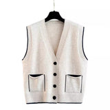 Clip Women's 2024 Spring And Autumn New Korean Version Of V-Collar Single-Breasted Loose Sleeveless Sweater Vest Feminine-Outfit