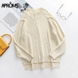 Aproms Elegant Cold Shoulder Knitted Loose Sweaters Women 2021 Autumn Winter Side Split Pullovers Streetwear Fashion Jumpers