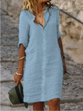 Ms.'S New Solid-Color Casual Casual Collar Single-D Row Buckle Sleeve Cotton Shirt Mid-Long Dress