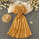 Pink/White/Green French Hollow Ruffles Dress Women O Neck Lace up Solid A-line Dresses Summer Elegant Streetwear Midi