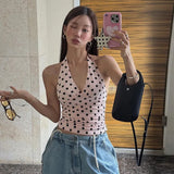 Summer Women's New Hottie Sexy Black Wave Dot Print Spread Out Back V Collar Hanging Neck Tight