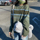 Bold Shade Grunge 90s Tricot Sweater Striped O-neck Indie Aesthetic Women Pullover Sweaters Oversized Vintage Green Top