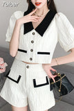 Fahsion Shorts Set Women 2023 New Summer Pearl Buttons Lapel Puff Sleeve Short Shirt And Wide Leg Shorts Two-Piece