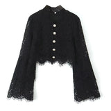 Simple Women's Clothing 2025 Summer Eyelash Lace Fan-Shaped Hem Short-Sleeved Shirt Long-Sleeved