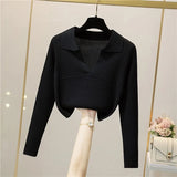 Knitted Sweaters Women Retro Turndown-Collar Long Sleeve Slim Basic Tops Winter Casual Bodycon Short