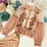 Women Tops Fashion Sexy Sheer Lace Blouse Lantern Sleeve 3D Floral Blouses Shirts Elegant Top Blusas