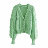 Ardm Fashion Women Sweaters Elegant Fur Pompon Gem Button Knitted Cardigan Sweater Vintage Winter Female Outerwear Chic