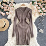Women Sexy Sweater Dress Turndown-Collar Long Sleeves Elastic Pencil Dress Autumn Button Bodycon Stripe knitted