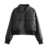 Toloer New Women's Fashion Imitation Leather Pilot Loose Jacket Jacket 874125-Outfit