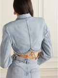 Toloer Chain Decoration Short Coat Fashion Hip Skirt Two-Piece Denim Suit Girl-Outfit