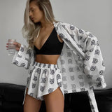Toloer New Loose Print Women's Casual Tie Long Sleeve Pajamas High Waist Shorts Set Home Clothes-Outfit