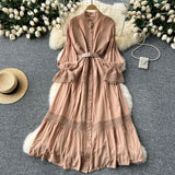 Court Retro Elegant Dress Women's Collar Horn Sleeves To Close Single Buckle Lace Splicing Large Swing