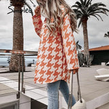 Simplee Casual houndstooth women long coats autumn Office long sleeve ladies top coat jackets Za fashion shirt collar