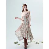 Patchwork Floral Long Short Dress For Women 2024 Summer Boat Neck A Line Midi Dress Short Floral Aesthetic Clothes-Outfit