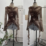 Shooting Hot Girl Horn Sleeve Net Yarn Bottom Shirt Girl Body Waste Wind Irregular Ribbon Long-Sleeved Top
