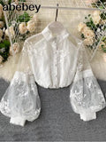 Retro Mesh Lace Tops Women's Stand Collar 3D Embroidered Long Lantern Sleeve Court Slim Shirt Elegant Blouse