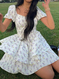 Floral Print Corset Slim Mini Dress with Puff