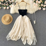 green sling print women dress Summer sexy holiday style maxi dress Elegant High-waist lace-up ruffle Long