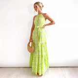 Summer New High-Waisted Beach Print Hanging Neck Dress