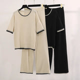 Simple Fashion Round-Neck Short-Sleeved Knitted Shirt High Waist Thin Trousers Pit Knitted Two-Piece