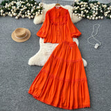Temperament Set Female Court Vintage Lace Spliced Lantern Sleeve Single-Button Shirt High-Waisted