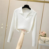 Knitted Sweaters Women Retro Turndown-Collar Long Sleeve Slim Basic Tops Winter Casual Bodycon Short