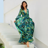 Spring Summer New Women's Dress V Collar Lantern Sleeve Red Leaf Print