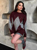 Burgundy Round Neck Knitted Sweater-Outfit