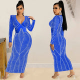 Sexy Nightclub Hot Diamond Mesh Perspective V Collar Long Sleeve Dress Woman-Outfit