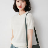 Toloer Female Round Collar Loose T-Shirt Inside Build Sweater Spring Autumn Base Outside Wear Short Sleeve Hair-Outfit