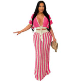 Knitted Suit Woman Sexy V-Necked Leaf Sleeve Top + Striped Ass Skirt