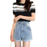 Short Sleeves Straight Shoulder T-Shirt Girl Summer Chic Vintage Unique Thin Bump Chic Short Striped Top