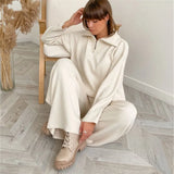 Casual Autumn Loose Knit Sweater Set Fashion Zip Lapel Long Sleeve Pullover Sweater & Straight Pants Two-piece