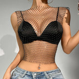 Toloer Nightclub Dresses Fishnet Hollow Out Rhinestone Vest Mesh Flash Diamond Sling Top
