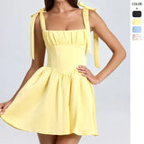 Summer New Women's Fashion Collar High Waist Folded Splicing Bow Sling