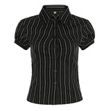 Toloer Style Simple Bubble Sleeve Striped Shirt POLO Collar Versatile Waist Show Thin Single Breasted Top-Outfit