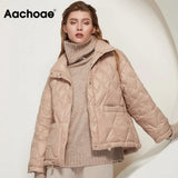 Aachoae Women Winter Solid Puffer Jacket With Pockets 2021 Single Breasted Thick Warm Coat Long Sleeve White Duck Down