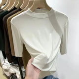 Toloer Wind Advanced Sense Pure Color Half High Collar Five Minutes Sleeve Sleeve T Shirt Female Slim Slim Inside The Bottom Shirt