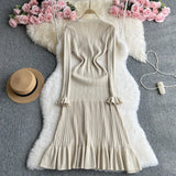 Toloer Fragrant Wind Dress Women's Autumn And Winter Versatile Advanced Sense V-Collar Metal Buckle Slim Show Thin Flounce Knit
