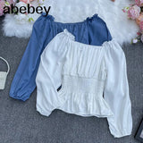New Spring Fashion All-match slash neck off shoulder Blouse ruched waist slim Ruffle Shirt