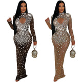 Fashion Women's Round Collar Hot Diamond Long Dress New-Outfit