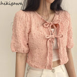 Blusas De Mujer Sweet Blouse for Women Bandage V-neck Puff Sleeve Folds Shirts Crop Tops Summer Fashion Chic Blouses