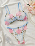 Blue Sheer Rose Embroidered Lingerie Set-Outfit